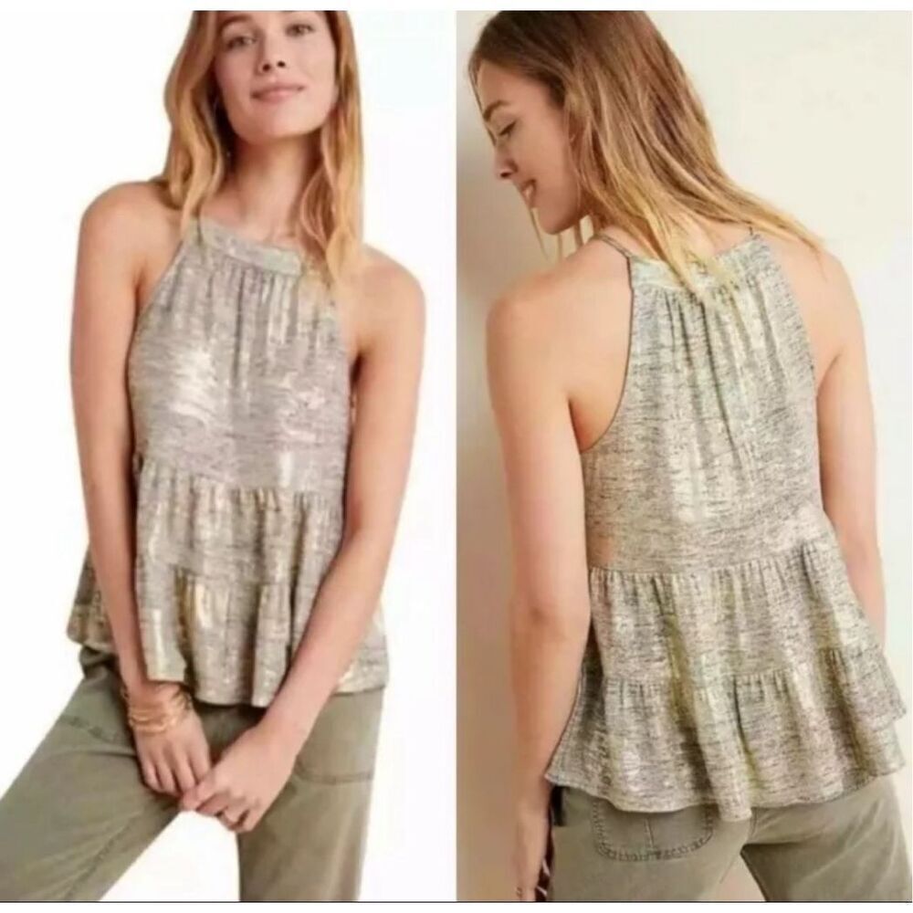 NWT Anthropologie Sunday In Brooklyn‎ Womens Becca Tiered Peplum Tank Gold XS